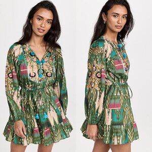NEW Figue Josie Embroidered Short Bohemian Pom Pom Long Sleeve Green Mini Dress